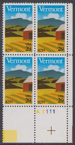 USA Michel 2121 / Scott 2533 postfrisch PLATEBLOCK ECKRAND unten rechts m/ Platten-# A1111 - 200 Jahre Staat Vermont: Landschaft in Vermont