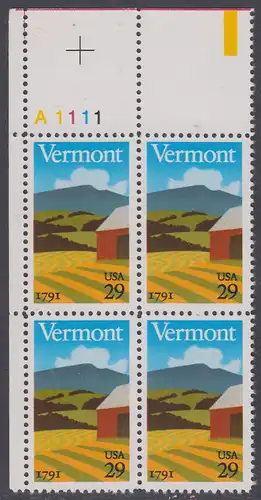 USA Michel 2121 / Scott 2533 postfrisch PLATEBLOCK ECKRAND oben links m/ Platten-# A1111 - 200 Jahre Staat Vermont: Landschaft in Vermont