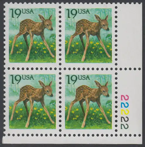 USA Michel 2122 / Scott 2479 postfrisch PLATEBLOCK ECKRAND unten rechts m/ Platten-# 22222 (b) - Tiere: Rehkitz