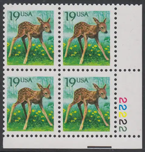 USA Michel 2122 / Scott 2479 postfrisch PLATEBLOCK ECKRAND unten rechts m/ Platten-# 22222 (a) - Tiere: Rehkitz