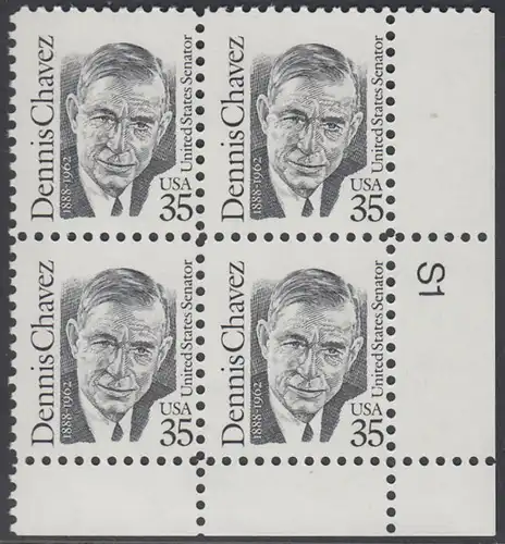 USA Michel 2124 / Scott 2186 postfrisch PLATEBLOCK ECKRAND unten rechts m/ Platten-# S1 - Amerikanische Persönlichkeiten: Dennis Chavez (1888-1962), Senator