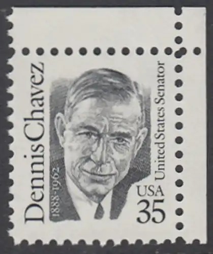 USA Michel 2124 / Scott 2186 postfrisch EINZELMARKE ECKRAND oben rechts - Amerikanische Persönlichkeiten: Dennis Chavez (1888-1962), Senator