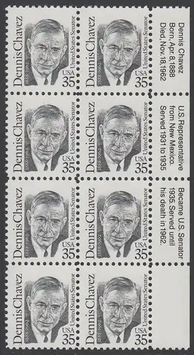USA Michel 2124 / Scott 2186 postfrisch vert.BLOCK(8) RÄNDER rechts m/ Inschrift - Amerikanische Persönlichkeiten: Dennis Chavez (1888-1962), Senator