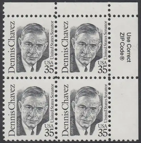USA Michel 2124 / Scott 2186 postfrisch ZIP-BLOCK (ur) - Amerikanische Persönlichkeiten: Dennis Chavez (1888-1962), Senator