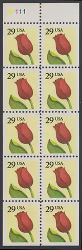 USA Michel 2125D / Scott 2527a postfrisch Markenheftchenblatt(10) RAND oben m/ Platten-# - Tulpe