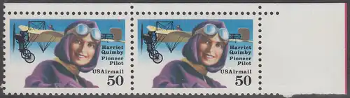 USA Michel 2130 / Scott C128 postfrisch horiz.PAAR ECKRAND oben rechts - Luftpostmarke: Flugpioniere, Harriet Quimby (1884-1912), Journalistin und Pilotin; Blériot-XI-Eindecker