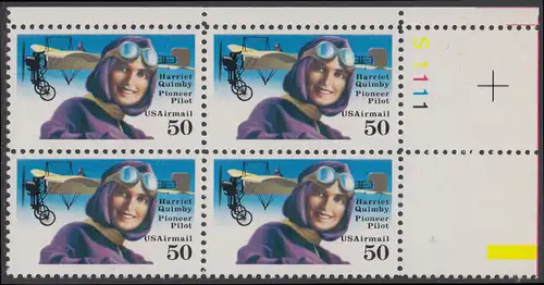 USA Michel 2130 / Scott C128 postfrisch PLATEBLOCK ECKRAND oben rechts m/ Platten-# S1111 - Luftpostmarke: Flugpioniere, Harriet Quimby (1884-1912), Journalistin und Pilotin; Blériot-XI-Eindecker