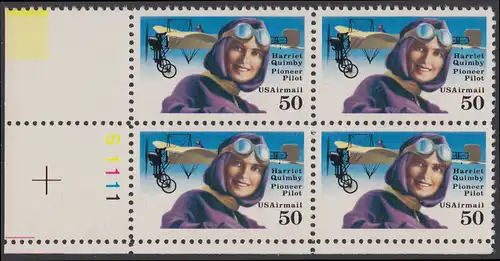 USA Michel 2130 / Scott C128 postfrisch PLATEBLOCK ECKRAND unten links m/ Platten-# S1111 (a) - Luftpostmarke: Flugpioniere, Harriet Quimby (1884-1912), Journalistin und Pilotin; Blériot-XI-Eindecker