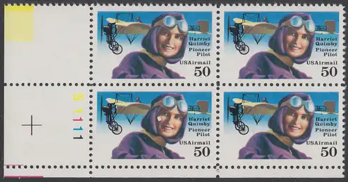 USA Michel 2130 / Scott C128 postfrisch PLATEBLOCK ECKRAND unten links m/ Platten-# S1111 (b) - Luftpostmarke: Flugpioniere, Harriet Quimby (1884-1912), Journalistin und Pilotin; Blériot-XI-Eindecker