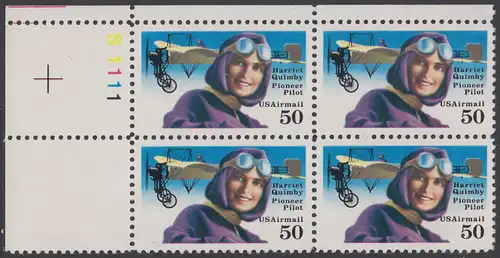 USA Michel 2130 / Scott C128 postfrisch PLATEBLOCK ECKRAND oben links m/ Platten-# S1111 - Luftpostmarke: Flugpioniere, Harriet Quimby (1884-1912), Journalistin und Pilotin; Blériot-XI-Eindecker