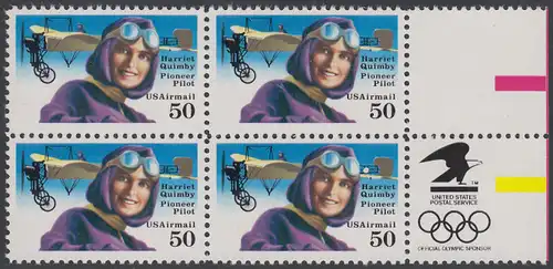 USA Michel 2130 / Scott C128 postfrisch BLOCK RÄNDER rechts m/ Eagle-Symbol - Luftpostmarke: Flugpioniere, Harriet Quimby (1884-1912), Journalistin und Pilotin; Blériot-XI-Eindecker