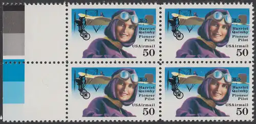 USA Michel 2130 / Scott C128 postfrisch BLOCK RÄNDER links - Luftpostmarke: Flugpioniere, Harriet Quimby (1884-1912), Journalistin und Pilotin; Blériot-XI-Eindecker