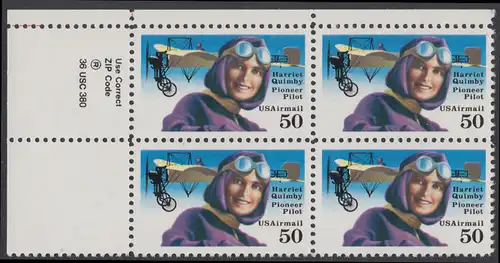 USA Michel 2130 / Scott C128 postfrisch ZIP-BLOCK (ul) - Luftpostmarke: Flugpioniere, Harriet Quimby (1884-1912), Journalistin und Pilotin; Blériot-XI-Eindecker