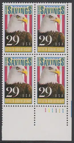 USA Michel 2131 / Scott 2534 postfrisch PLATEBLOCK ECKRAND unten rechts m/ Platten-# 111111 (b) - 50 Jahre Amerikanische Bundesobligationen: Weißkopfseeadler, Flagge