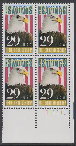 USA Michel 2131 / Scott 2534 postfrisch PLATEBLOCK ECKRAND unten rechts m/ Platten-# 111111 (a) - 50 Jahre Amerikanische Bundesobligationen: Weißkopfseeadler, Flagge