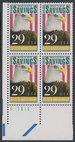 USA Michel 2131 / Scott 2534 postfrisch PLATEBLOCK ECKRAND unten links m/ Platten-# 111111 (a) - 50 Jahre Amerikanische Bundesobligationen: Weißkopfseeadler, Flagge