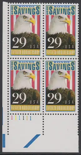 USA Michel 2131 / Scott 2534 postfrisch PLATEBLOCK ECKRAND unten links m/ Platten-# 111111 (b) - 50 Jahre Amerikanische Bundesobligationen: Weißkopfseeadler, Flagge