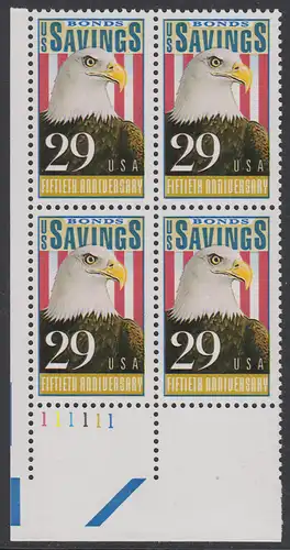 USA Michel 2131 / Scott 2534 postfrisch PLATEBLOCK ECKRAND unten links m/ Platten-# 111111 (c) - 50 Jahre Amerikanische Bundesobligationen: Weißkopfseeadler, Flagge
