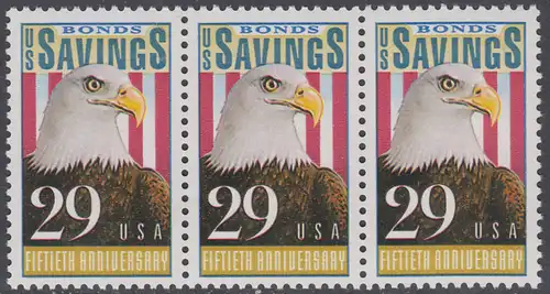 USA Michel 2131 / Scott 2534 postfrisch horiz.STRIP(3) - 50 Jahre Amerikanische Bundesobligationen: Weißkopfseeadler, Flagge