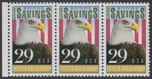 USA Michel 2131 / Scott 2534 postfrisch horiz.STRIP(3) RAND links - 50 Jahre Amerikanische Bundesobligationen: Weißkopfseeadler, Flagge