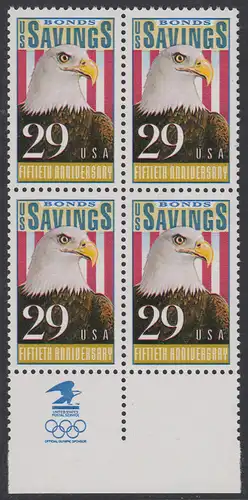 USA Michel 2131 / Scott 2534 postfrisch BLOCK RÄNDER unten m/ Eagle-symbol - 50 Jahre Amerikanische Bundesobligationen: Weißkopfseeadler, Flagge