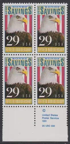 USA Michel 2131 / Scott 2534 postfrisch BLOCK RÄNDER unten m/ copyright symbol - 50 Jahre Amerikanische Bundesobligationen: Weißkopfseeadler, Flagge