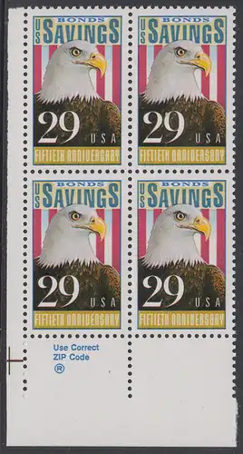 USA Michel 2131 / Scott 2534 postfrisch ZIP-BLOCK (ll) - 50 Jahre Amerikanische Bundesobligationen: Weißkopfseeadler, Flagge