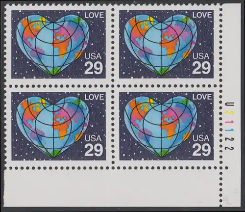 USA Michel 2132 / Scott 2535 postfrisch PLATEBLOCK ECKRAND unten rechts m/ Platten-# U21122 - Grußmarke: Herzförmige Erdkarte