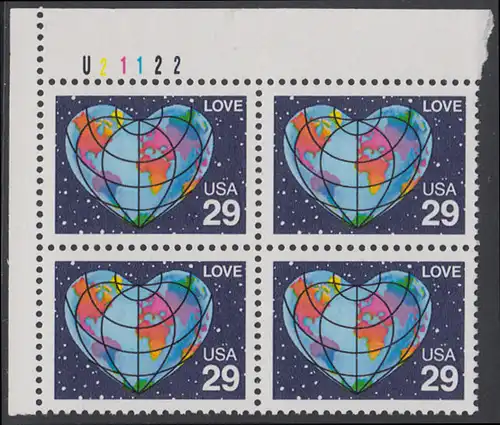 USA Michel 2132 / Scott 2535 postfrisch PLATEBLOCK ECKRAND oben links m/ Platten-# U21122 - Grußmarke: Herzförmige Erdkarte