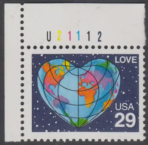 USA Michel 2132 / Scott 2535 postfrisch EINZELMARKE ECKRAND oben links m/ Platten-# U2112 - Grußmarke: Herzförmige Erdkarte