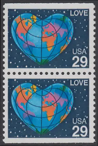 USA Michel 2132D / Scott 2536a postfrisch vert.PAAR (oben & unten ungezähnt) - Grußmarke: Herzförmige Erdkarte