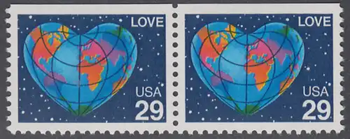USA Michel 2132D / Scott 2536a postfrisch horiz.PAAR (oben ungezähnt) - Grußmarke: Herzförmige Erdkarte