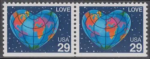USA Michel 2132D / Scott 2536a postfrisch horiz.PAAR (unten ungezähnt) - Grußmarke: Herzförmige Erdkarte