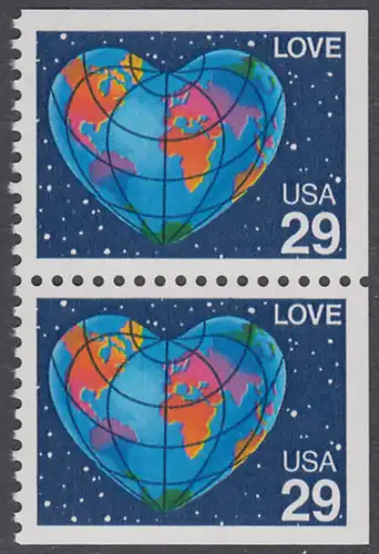 USA Michel 2132D / Scott 2536a postfrisch horiz.PAAR (oben / rechts / unten ungezähnt) - Grußmarke: Herzförmige Erdkarte