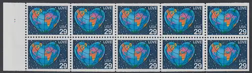 USA Michel 2132D / Scott 2536a postfrisch Markenheftchenblatt(10) RAND links m/ Platten-# - Grußmarke: Herzförmige Erdkarte