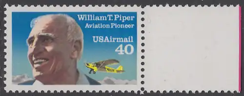 USA Michel 2135A / Scott C129 postfrisch EINZELMARKE RAND rechts - Luftpostmarke: Flugpioniere, William T. Piper (1881-1970), Flugzeugkonstrukteur; Piper J-3 Cub