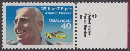 USA Michel 2135A / Scott C129 postfrisch EINZELMARKE RAND rechts m/ copyright symbol - Luftpostmarke: Flugpioniere, William T. Piper (1881-1970), Flugzeugkonstrukteur; Piper J-3 Cub