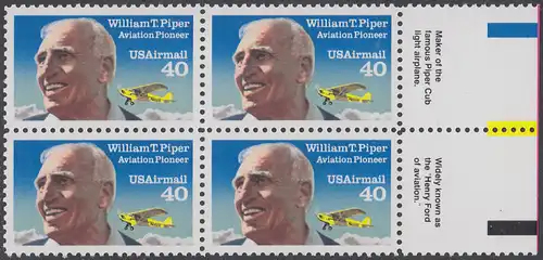 USA Michel 2135A / Scott C129 postfrisch BLOCK RÄNDER rechts (a1) - Luftpostmarke: Flugpioniere, William T. Piper (1881-1970), Flugzeugkonstrukteur; Piper J-3 Cub