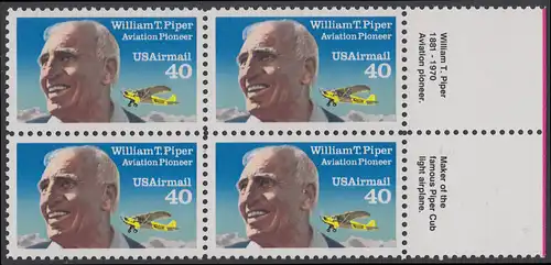 USA Michel 2135A / Scott C129 postfrisch BLOCK RÄNDER rechts (a2) - Luftpostmarke: Flugpioniere, William T. Piper (1881-1970), Flugzeugkonstrukteur; Piper J-3 Cub
