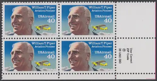 USA Michel 2135A / Scott C129 postfrisch ZIP-BLOCK (lr) - Luftpostmarke: Flugpioniere, William T. Piper (1881-1970), Flugzeugkonstrukteur; Piper J-3 Cub