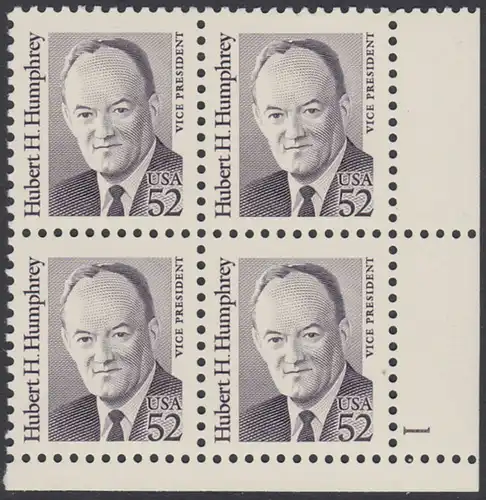 USA Michel 2145 / Scott 2189 postfrisch PLATEBLOCK ECKRAND oben rechts m/ Platten-# A1111 - Amerikanische Persönlichkeiten: Hubert H. Humphrey (1911-1978), Vizepräsident