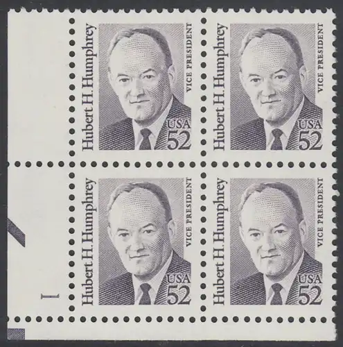 USA Michel 2145 / Scott 2189 postfrisch PLATEBLOCK ECKRAND unten links m/ Platten-# 1 - Amerikanische Persönlichkeiten: Hubert H. Humphrey (1911-1978), Vizepräsident