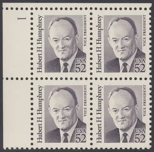 USA Michel 2145 / Scott 2189 postfrisch PLATEBLOCK ECKRAND oben links m/ Platten-# 1 - Amerikanische Persönlichkeiten: Hubert H. Humphrey (1911-1978), Vizepräsident