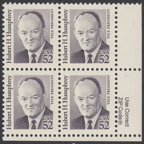 USA Michel 2145 / Scott 2189 postfrisch ZIP-BLOCK (lr) - Amerikanische Persönlichkeiten: Hubert H. Humphrey (1911-1978), Vizepräsident