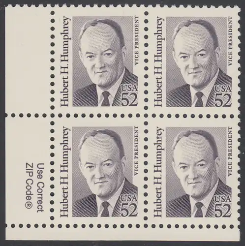 USA Michel 2145 / Scott 2189 postfrisch ZIP-BLOCK (ll) - Amerikanische Persönlichkeiten: Hubert H. Humphrey (1911-1978), Vizepräsident