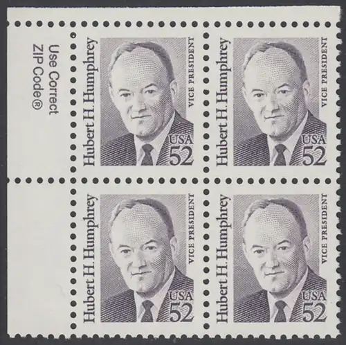 USA Michel 2145 / Scott 2189 postfrisch ZIP-BLOCK (ul) - Amerikanische Persönlichkeiten: Hubert H. Humphrey (1911-1978), Vizepräsident