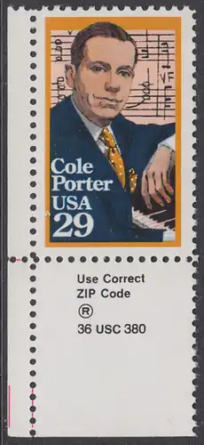 USA Michel 2146 / Scott 2550 postfrisch EINZELMARKE ECKRAND unten links m/ ZIP-Emblem - 100. Geburtstag von Cole Porter  (1891-1964), Komponist