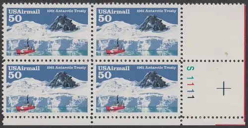 USA Michel 2148 / Scott C130 postfrisch PLATEBLOCK ECKRAND unten rechts m/ Platten-# S1111 - Luftpostmarke: 30 Jahre Antarktis-Vertrag; Eisbrecher Glacier im McMurdo-Sund, Ross-Insel