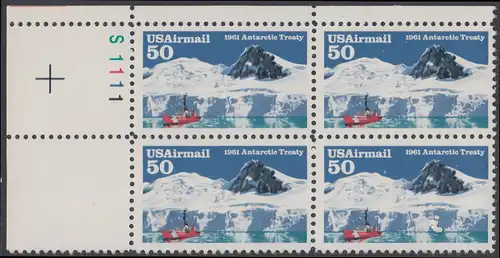 USA Michel 2148 / Scott C130 postfrisch PLATEBLOCK ECKRAND oben links m/ Platten-# S1111 - Luftpostmarke: 30 Jahre Antarktis-Vertrag; Eisbrecher Glacier im McMurdo-Sund, Ross-Insel