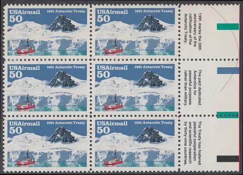 USA Michel 2148 / Scott C130 postfrisch vert.BLOCK(6) RÄNDER rechts m/ Inschrift - Luftpostmarke: 30 Jahre Antarktis-Vertrag; Eisbrecher Glacier im McMurdo-Sund, Ross-Insel